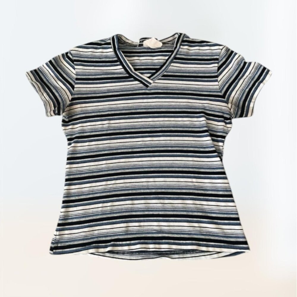 y2k 2000s double fault v neck striped blue and black and white tee Women M